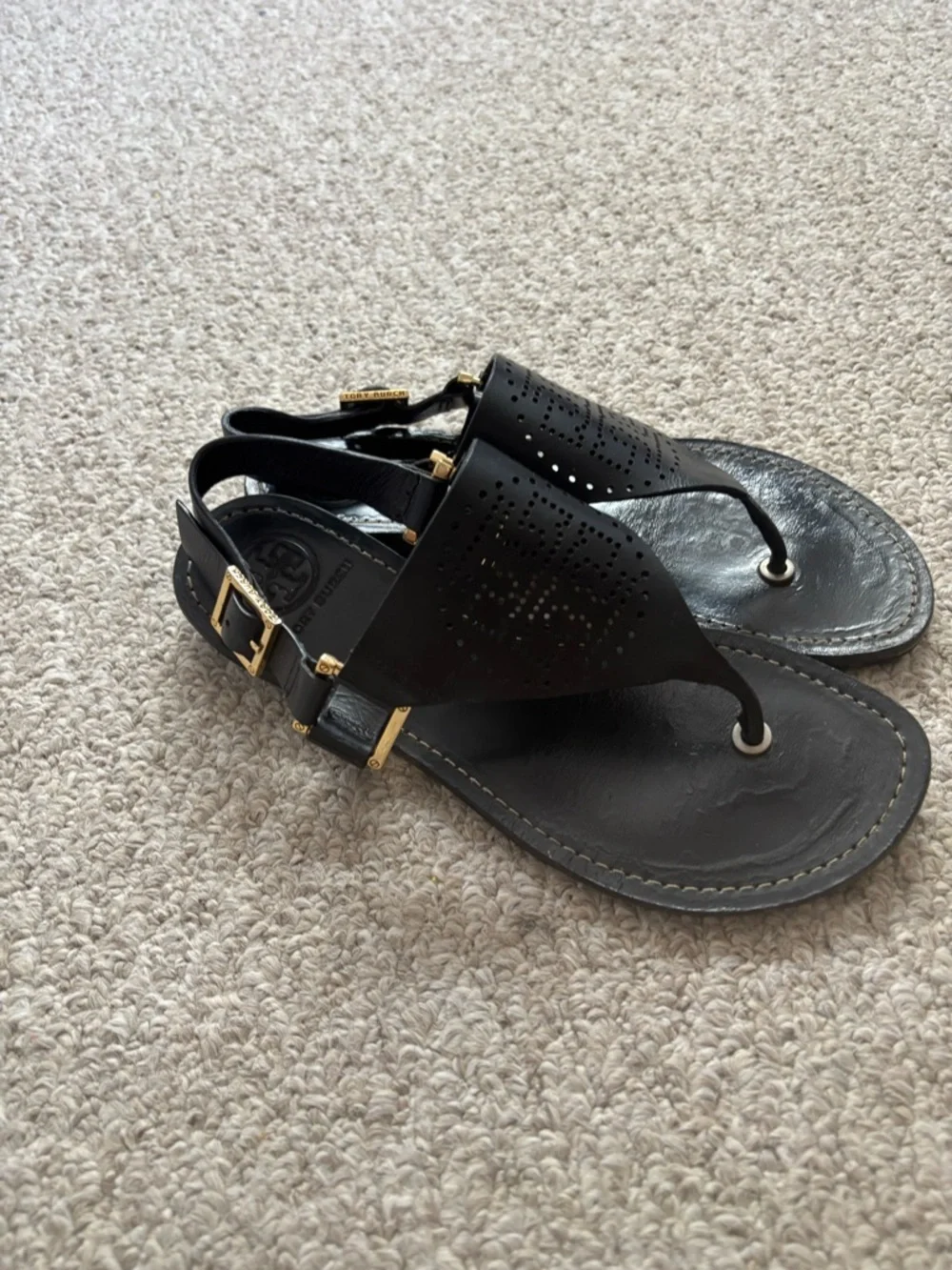 Tory Burch Black Perforated Logo Thong Sandals with Gold Hardware